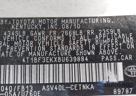 2011 Toyota Camry from USA, damaged, VIN 4T1BF3EKXBU639884
